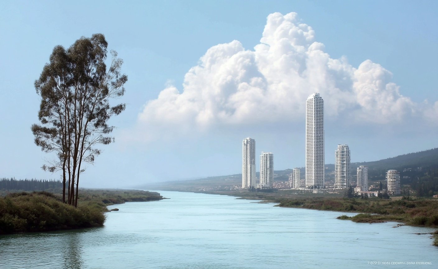 Tall white skyscrapers and a slender tree flank a wide river under a large cumulus cloud.
