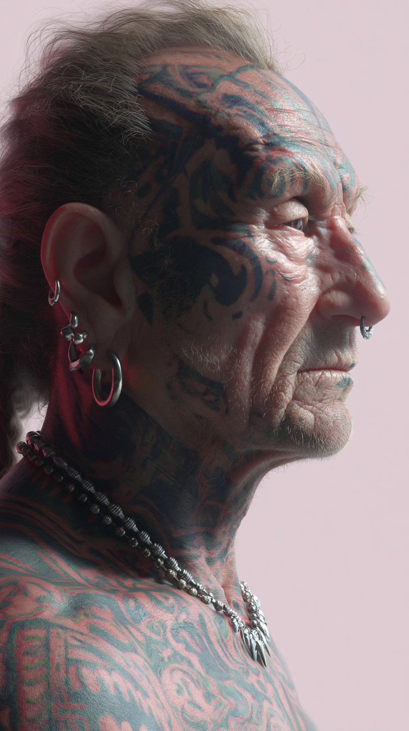 Profile view of a tattooed older man with silver piercings and a heavy necklace against pink.