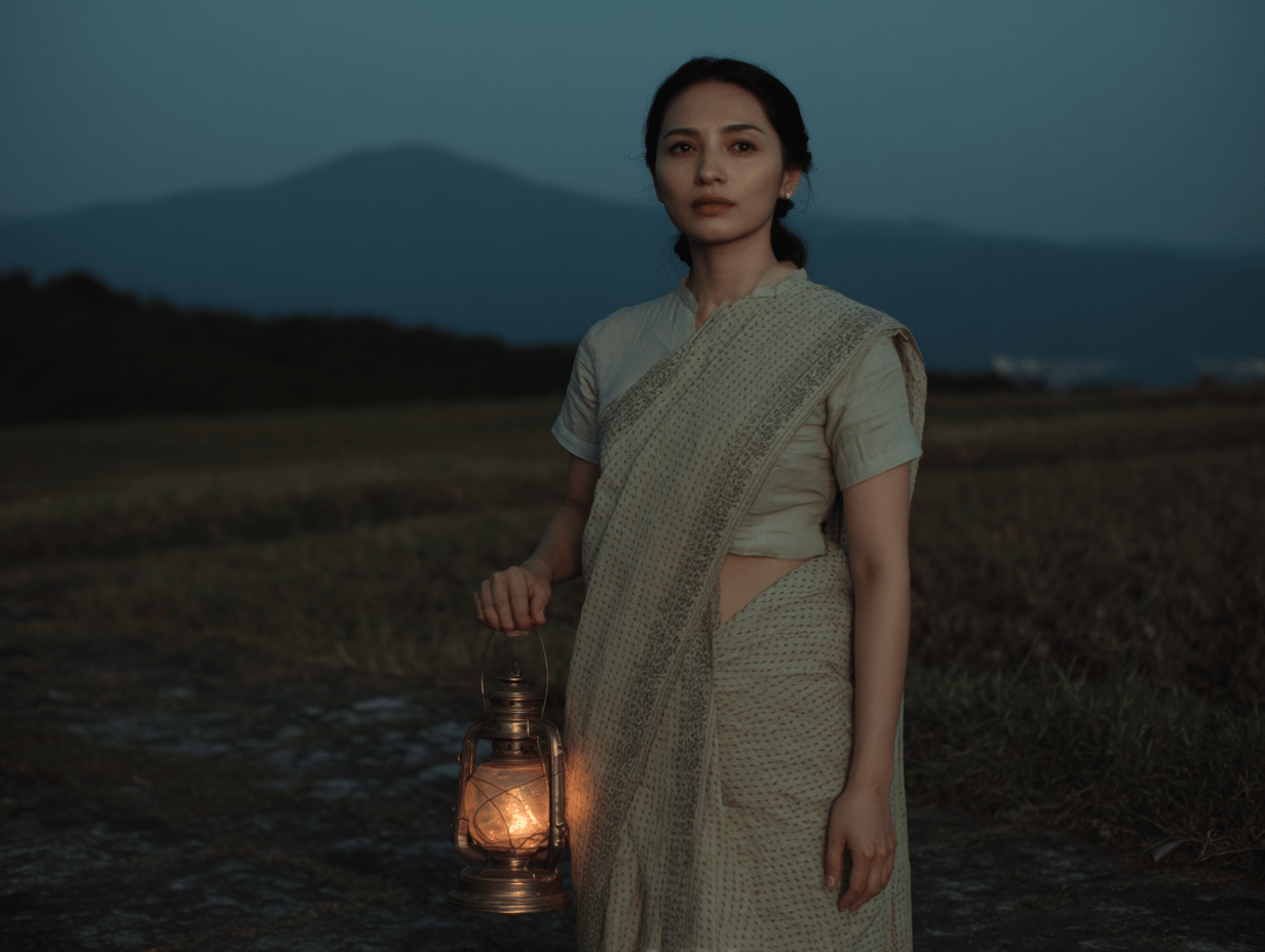 Woman in a beige sari holds a glowing brass lantern in a twilight field before mountains.