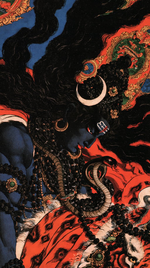Detailed illustration of blue-skinned Lord Shiva with a rearing cobra, crescent moon, and flowing black hair.