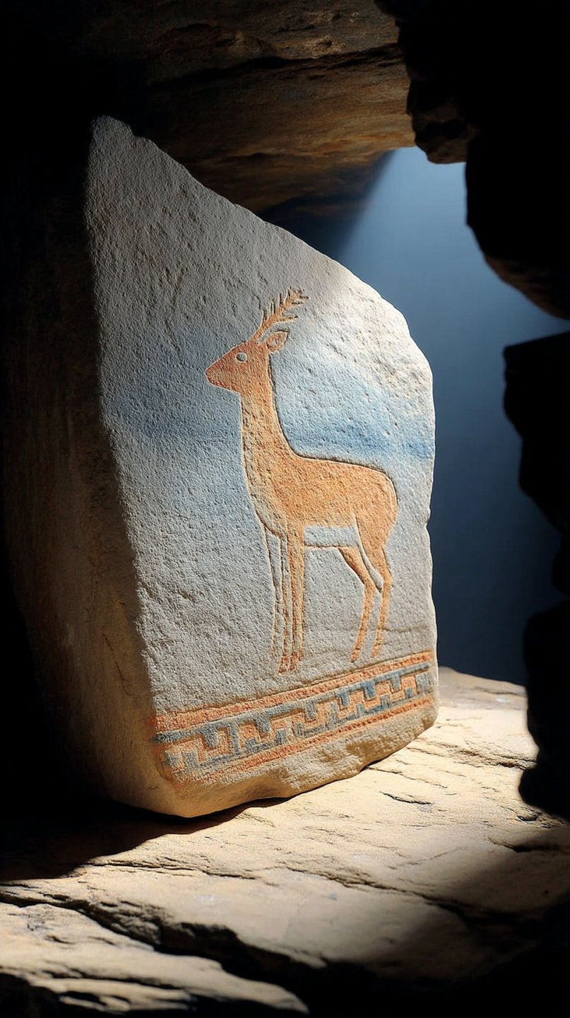 A sandstone slab with an ochre deer pictograph stands illuminated by a shaft of light inside a cave.