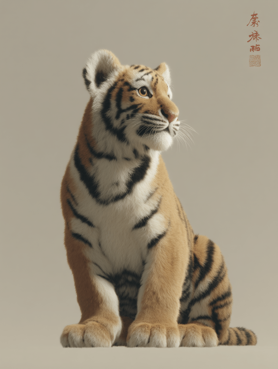Realistic tiger cub sits in profile against a beige background with red Chinese calligraphy stamps.