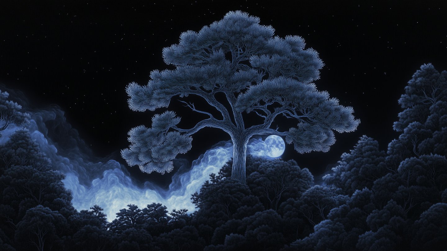 Stylized luminous blue tree stands prominently against a dark starry sky with swirling ethereal night mist.