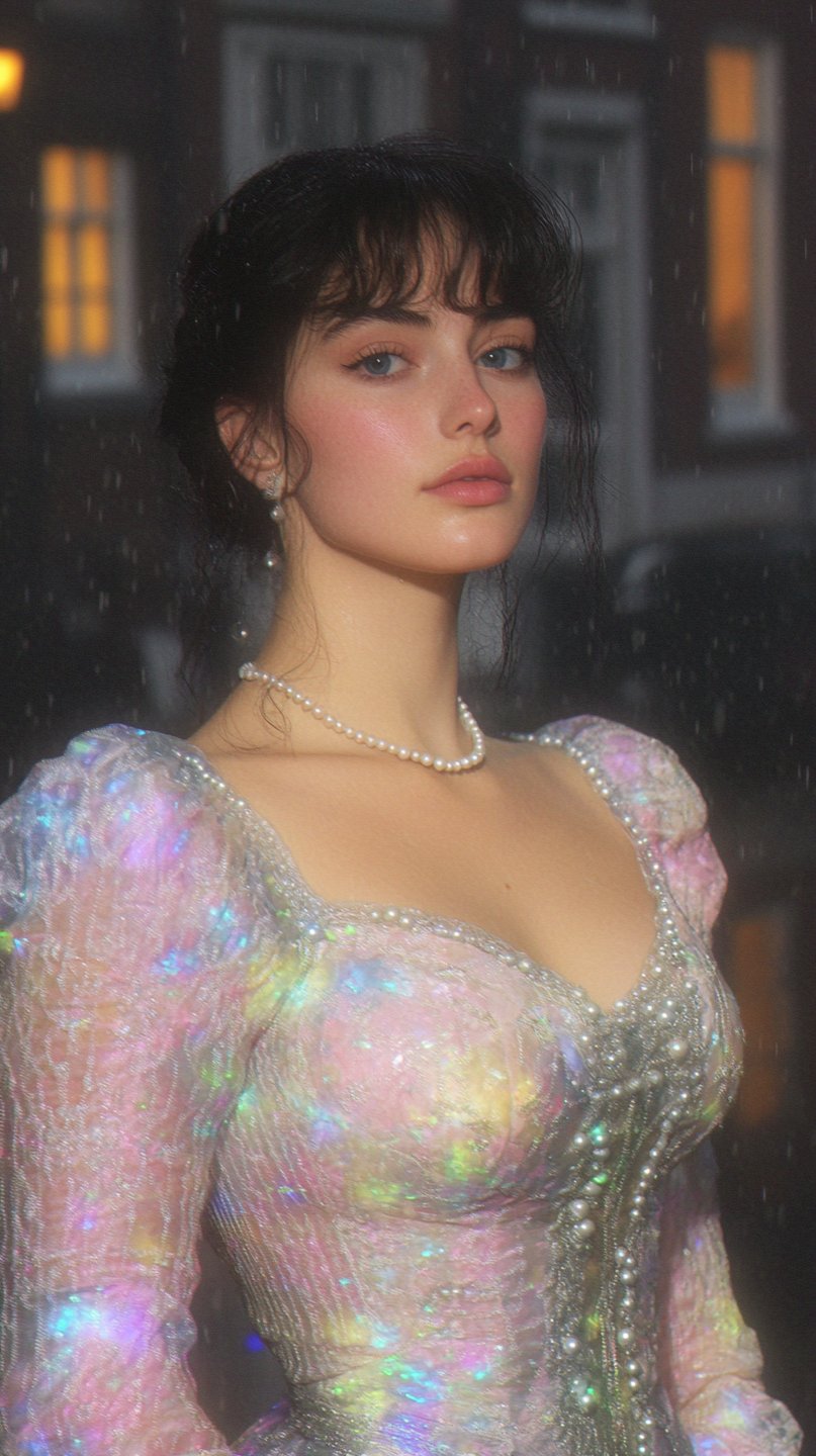 Young woman with dark hair wearing a glowing pink iridescent gown and pearls standing in falling rain.