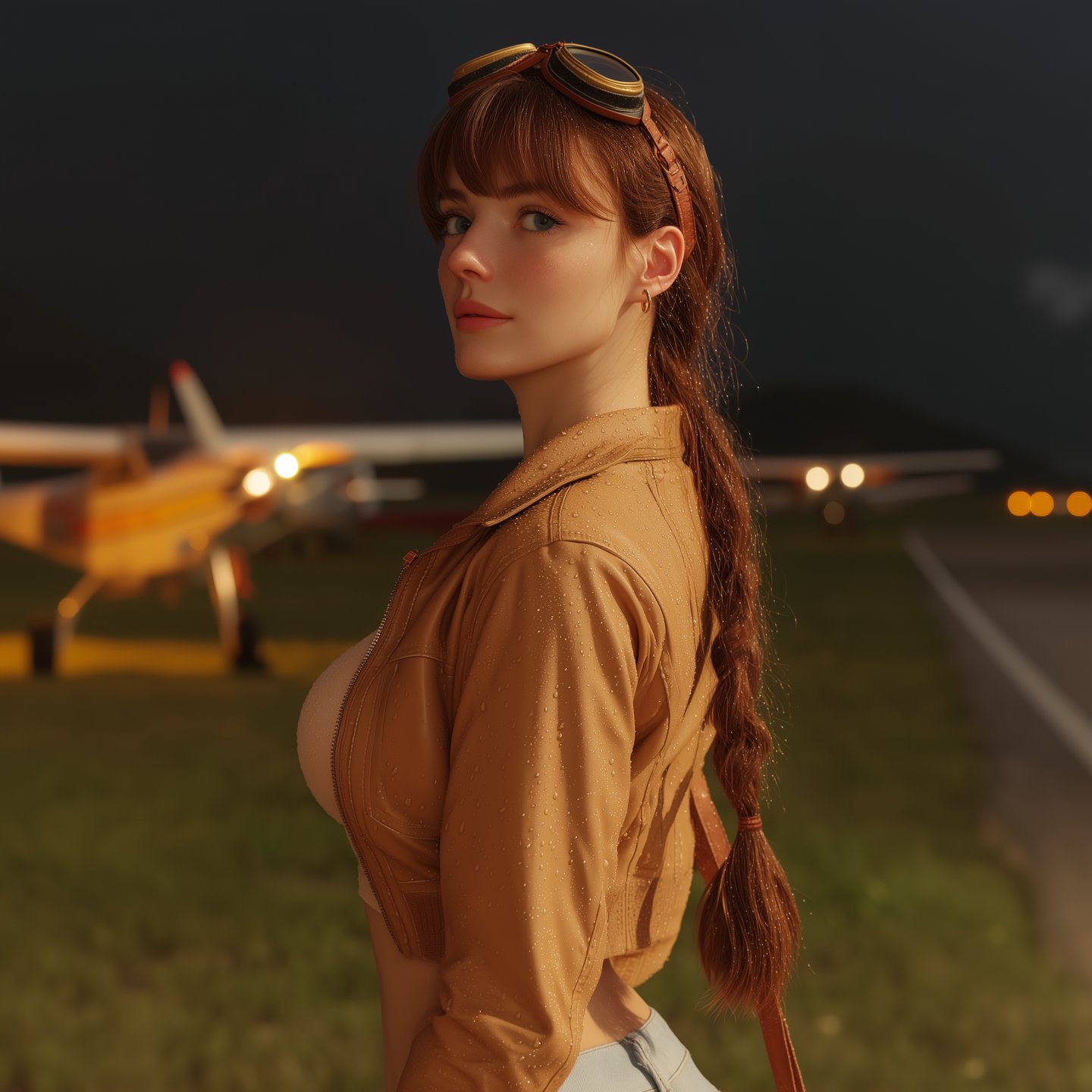 Young woman with a long braid and aviator goggles wearing a wet leather jacket at an airfield.