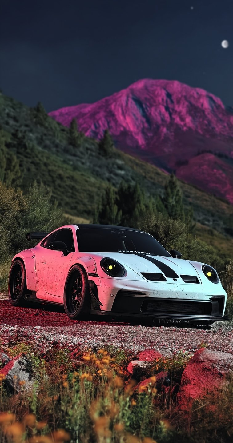 Mud-splattered white Porsche 911 GT3 RS parked on a mountain trail with magenta-lit peaks in the background.