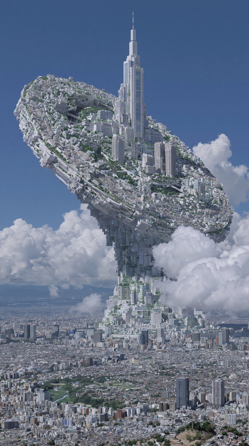 Colossal white ring-shaped megastructure rises from a dense city into a blue sky with clouds.