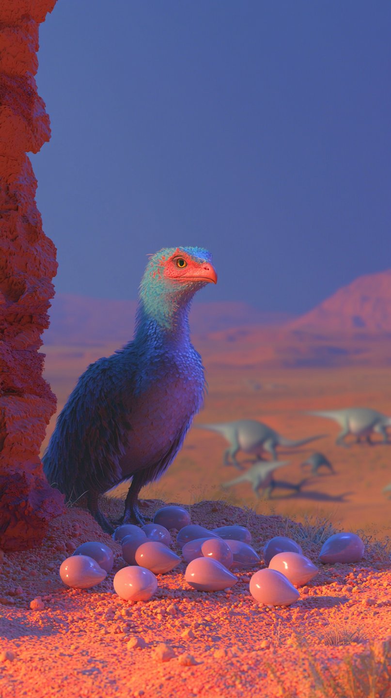 Feathered dinosaur with blue plumage stands over glowing pink eggs in a vast orange desert landscape.