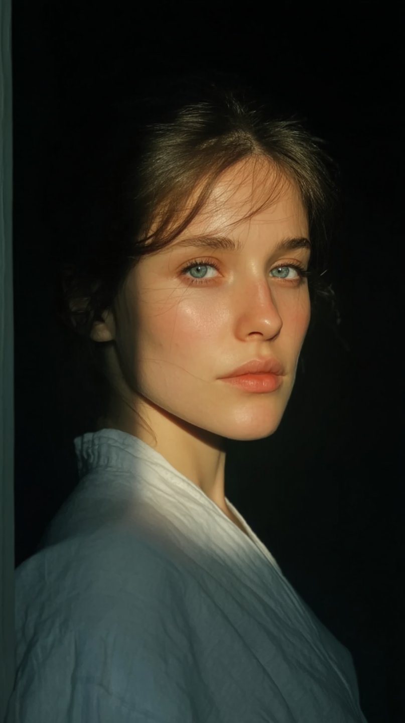 Close-up portrait of a woman with blue eyes illuminated by a sliver of golden light against darkness.