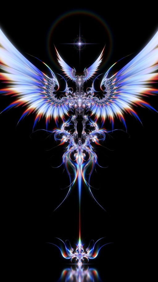 Symmetrical fractal phoenix with glowing iridescent wings and a celestial star centered on a black background.