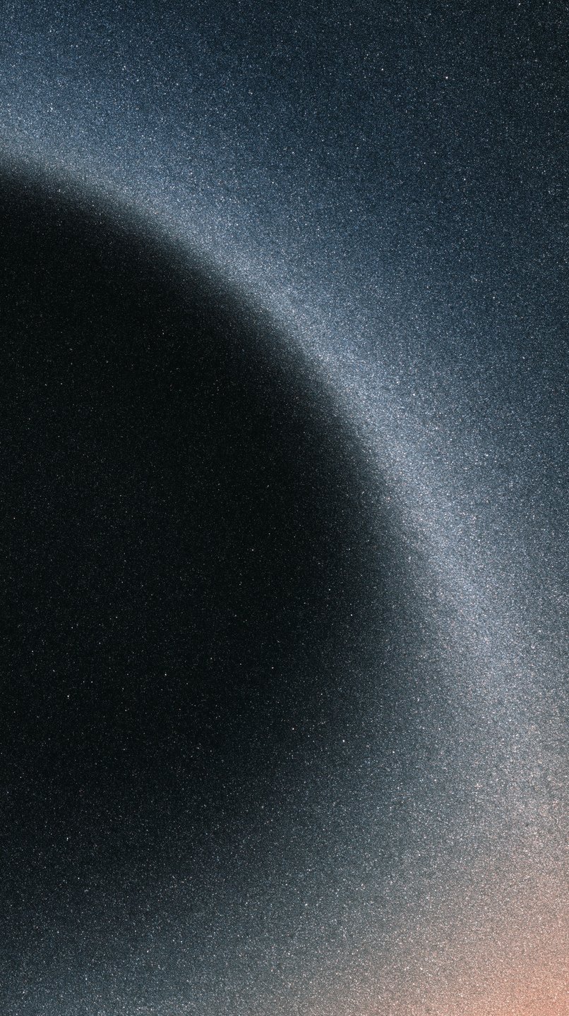 A shimmering curved arc of light separates a dark sphere from a textured, star-filled cosmic background.