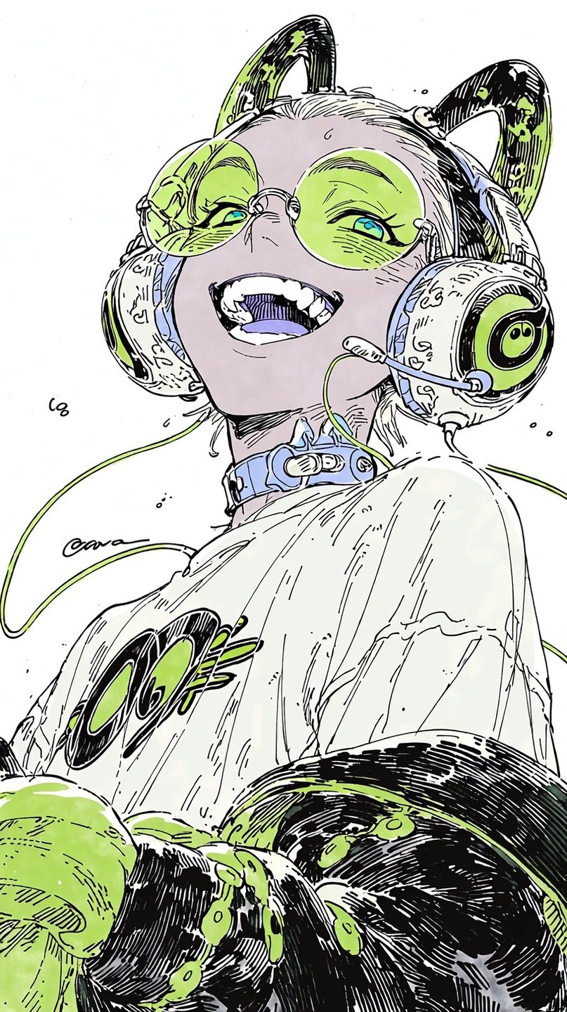 Anime girl with green glasses and cat-ear headphones laughs joyfully in a high-contrast ink-sketched style.