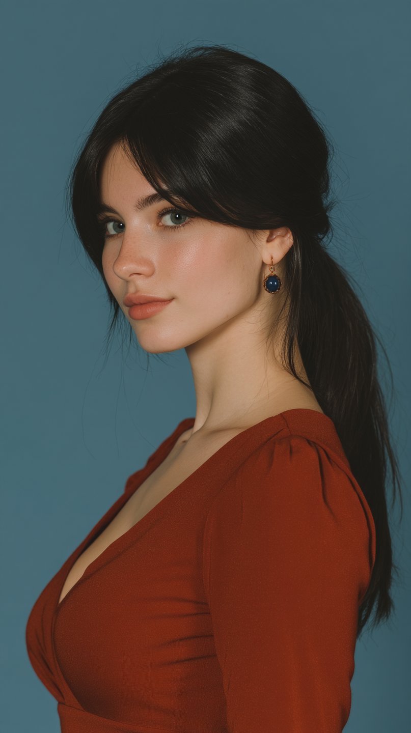 Young woman with dark hair and freckles in a terracotta dress against a blue studio background.