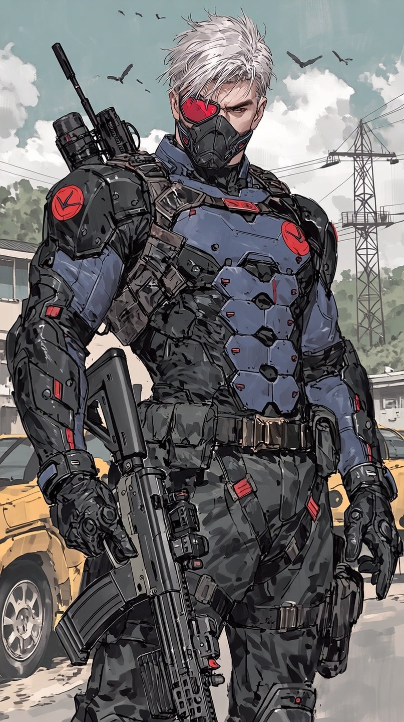 White-haired tactical soldier in blue and black armor holding a rifle against an urban industrial background.