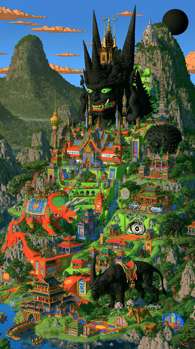 A vibrant, maximalist terraced mountain temple crowned by a giant black demonic deity under a black sun.
