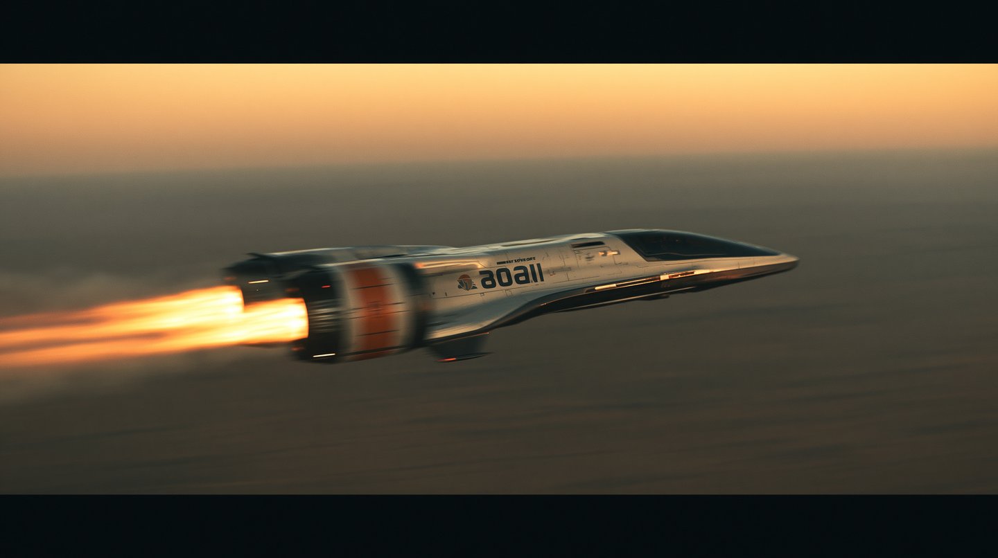 Sleek silver futuristic spacecraft flying at high speed with glowing orange rocket exhaust against a sunset sky.