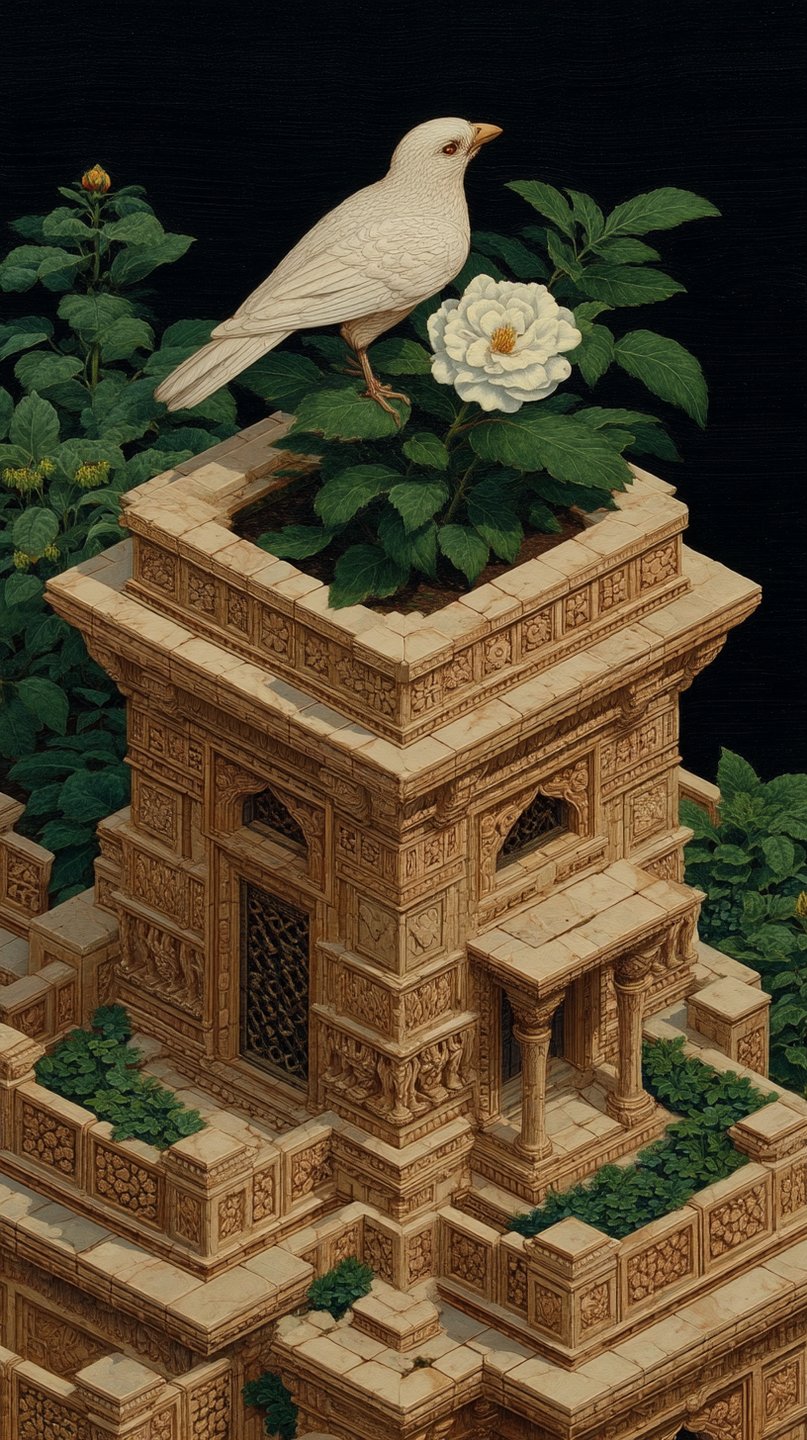 White bird perches on a white flower atop a highly detailed miniature stone temple against black background.