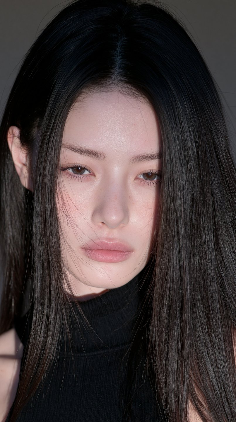 Close-up portrait of a young woman with long dark hair wearing a black turtleneck under soft light.