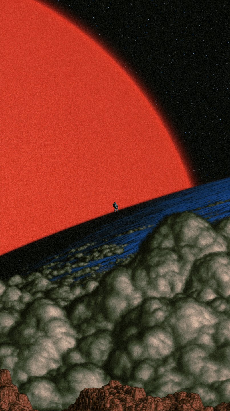 A tiny astronaut walks along the edge of a colossal red planet above thick, billowing clouds.