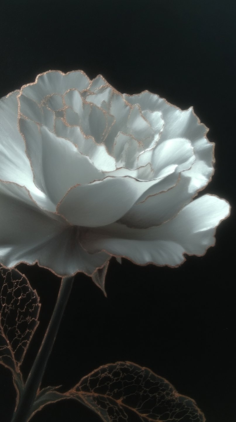 Elegant white rose with metallic copper edges and skeletal leaves centered against a deep black background.