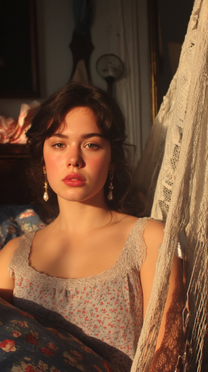 Young woman with dark wavy hair and pearl earrings sitting in golden hour light beside a lace hammock.
