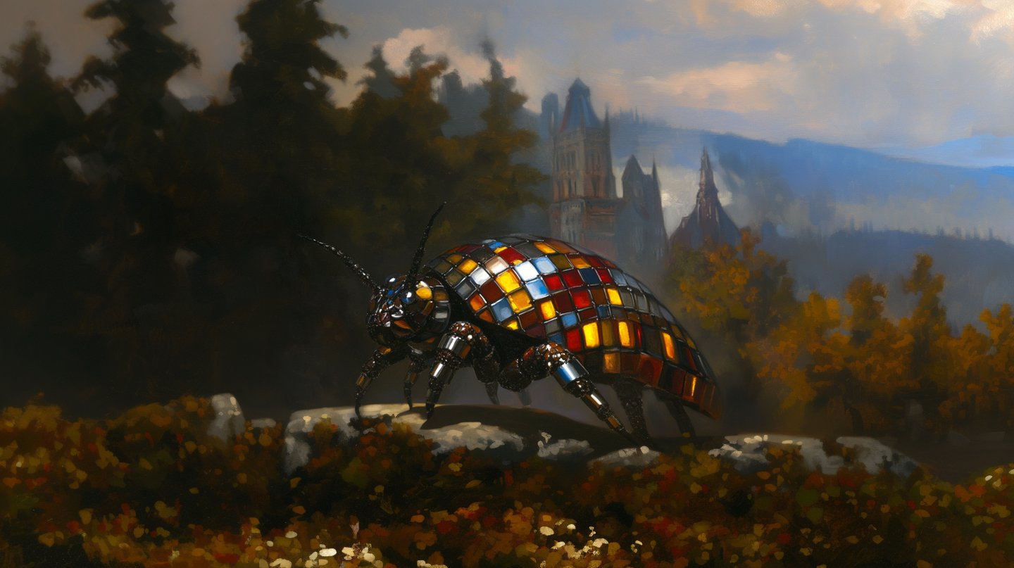 Large beetle with a colorful stained glass shell stands on a rocky ledge before a misty gothic castle.