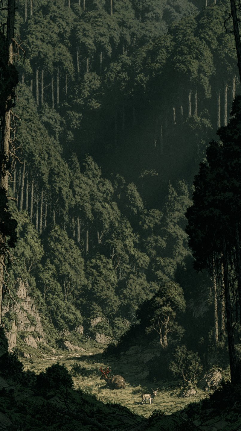 A mythical red-antlered stag and a small deer rest in a sunlit clearing within a towering, dense forest.