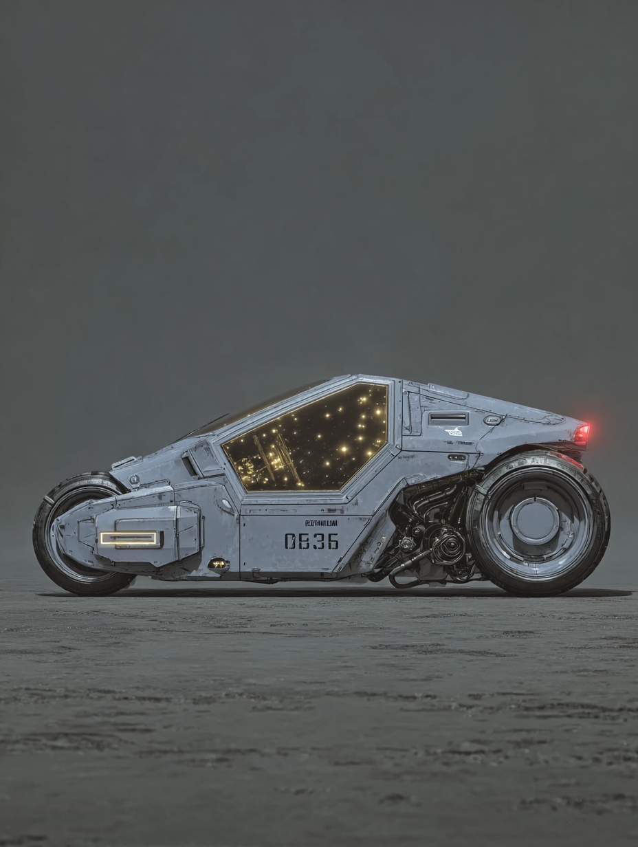 Low-profile futuristic grey rover with warm glowing interior lights parked on a vast, flat industrial landscape.