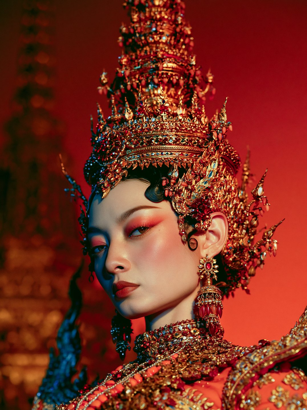 Woman in traditional Thai regal headpiece and ruby jewelry posing with sharp eye makeup on red background.