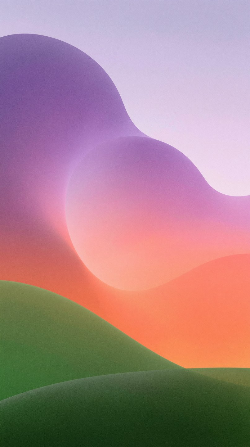 Abstract digital landscape with smooth, bulbous shapes in gradients of purple, orange, and rolling green hills.