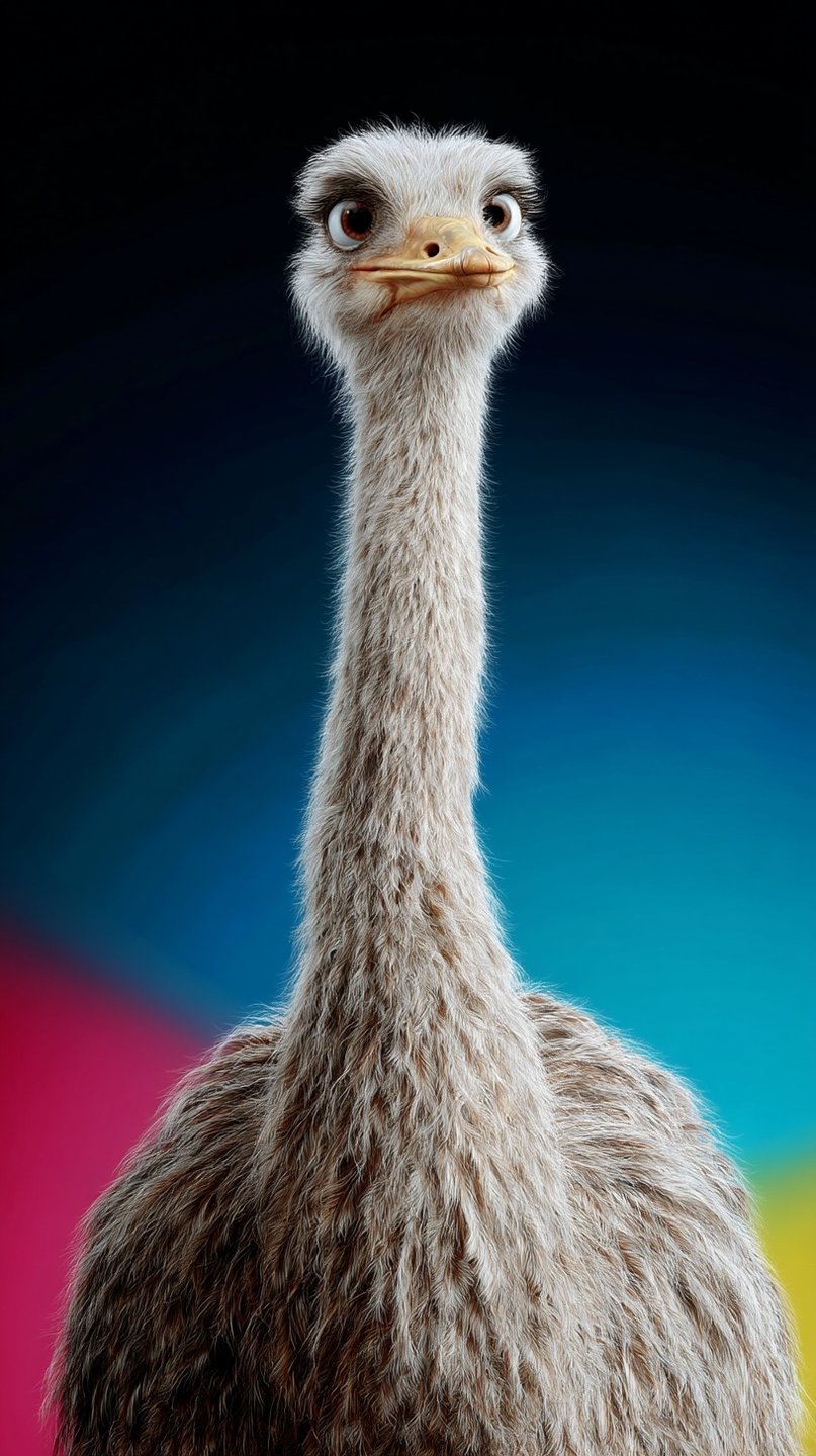 Stylized ostrich with a long neck and skeptical expression centered against a colorful, blurred background.