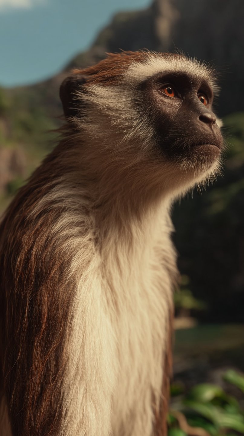 Profile of a brown and white monkey looking upward against a blurred mountain backdrop in golden sunlight.