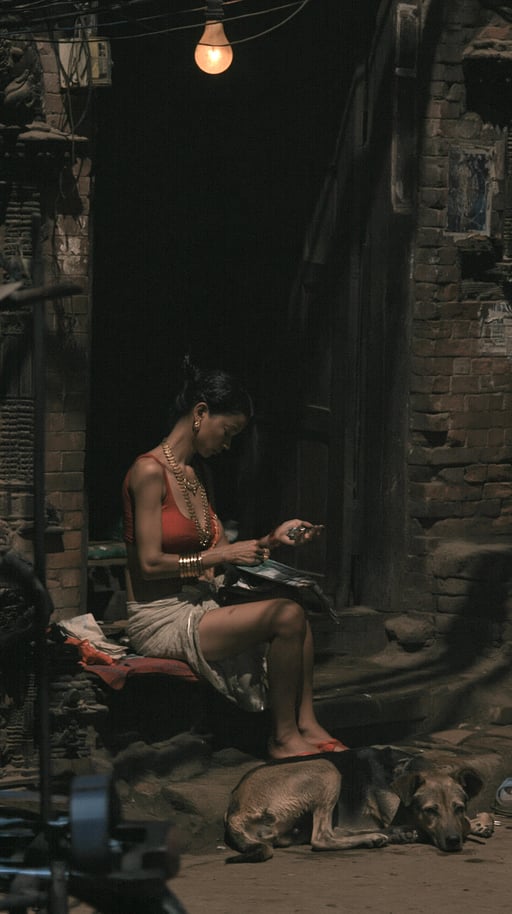 A woman in traditional red attire and gold jewelry sits under a lightbulb in a brick courtyard.
