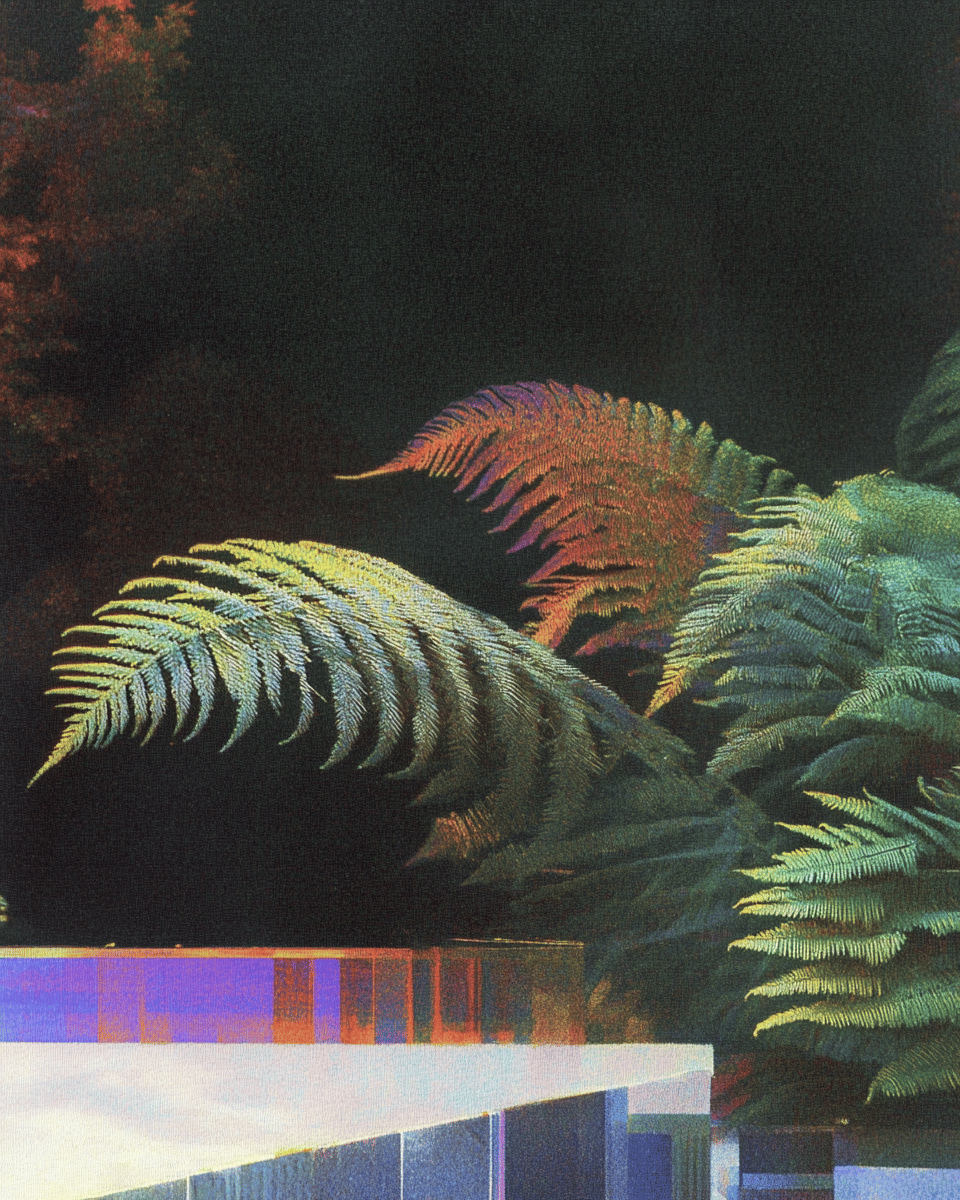 Vibrant iridescent fern leaves glowing against a dark background above a reflective glass architectural edge with digital noise.