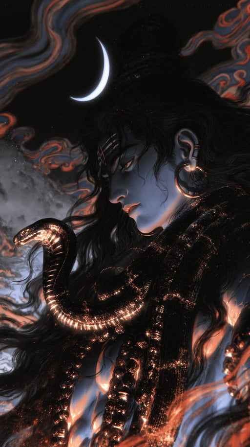 Lord Shiva in profile with blue skin, a glowing crescent moon above, and a golden serpent coiled nearby.