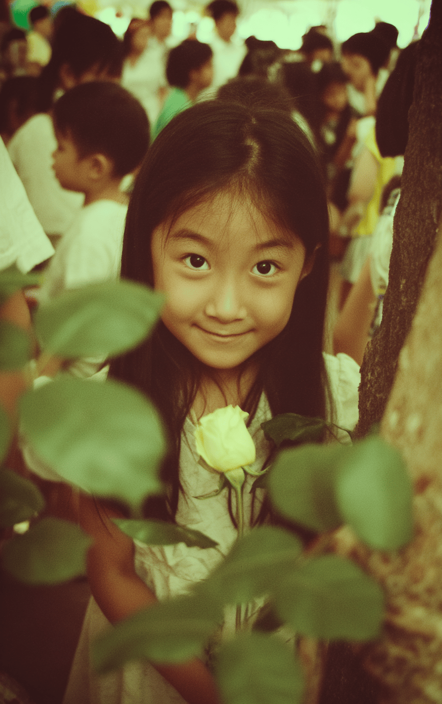 Young smiling Asian girl holding a white rose bud surrounded by green leaves and a blurred crowd.