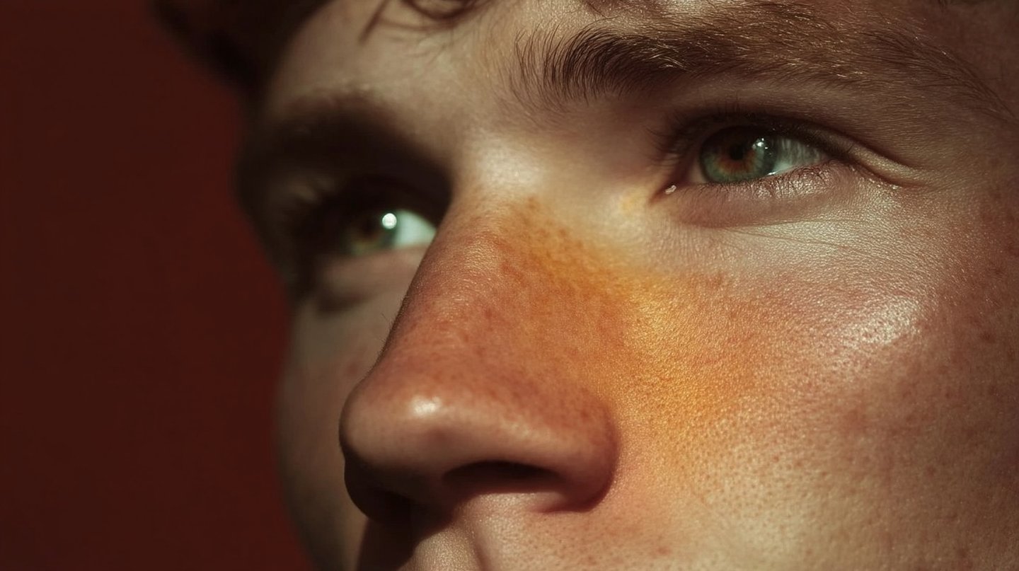 Extreme close-up of a young man with freckles and green eyes looking upward in warm sunlight.