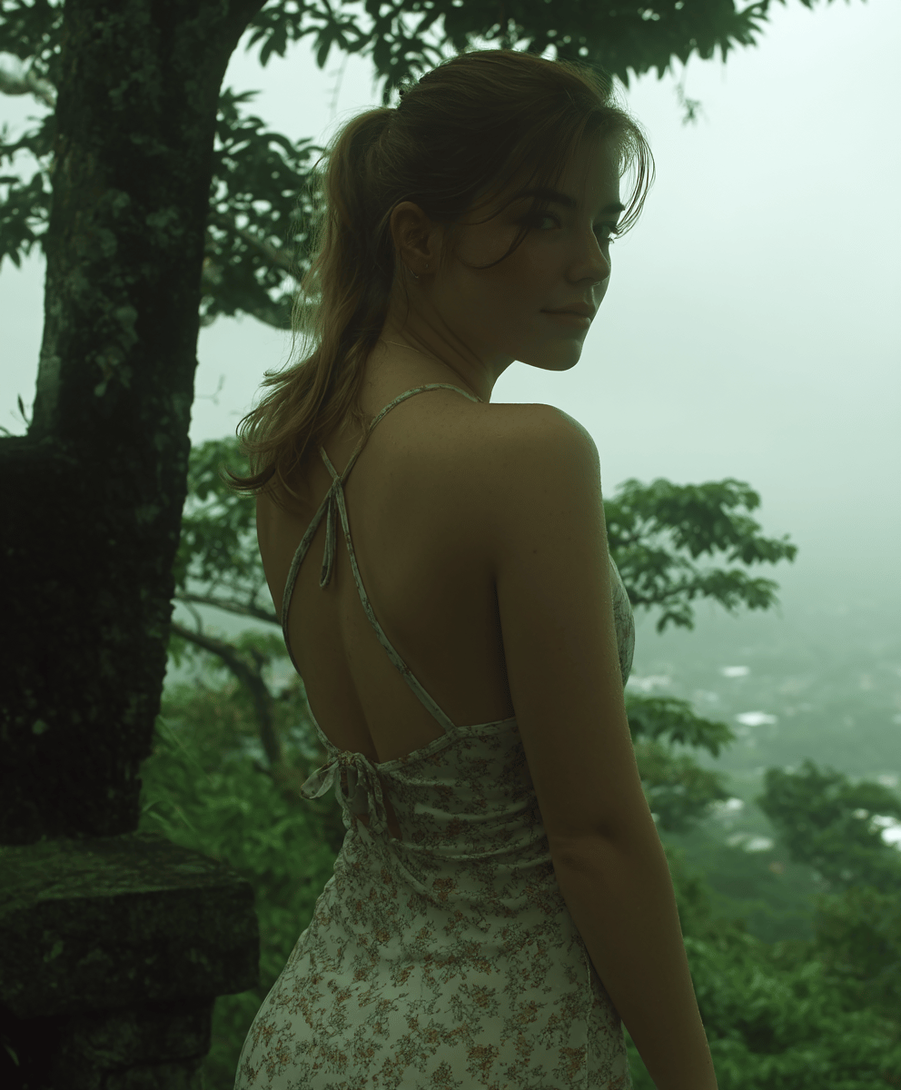 Young woman in a floral sundress looking back over her shoulder against a misty, green forest background.