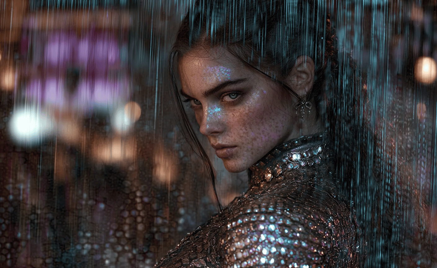 Close-up of a woman in metallic scales behind rain-streaked glass with iridescent face glitter and neon lights.