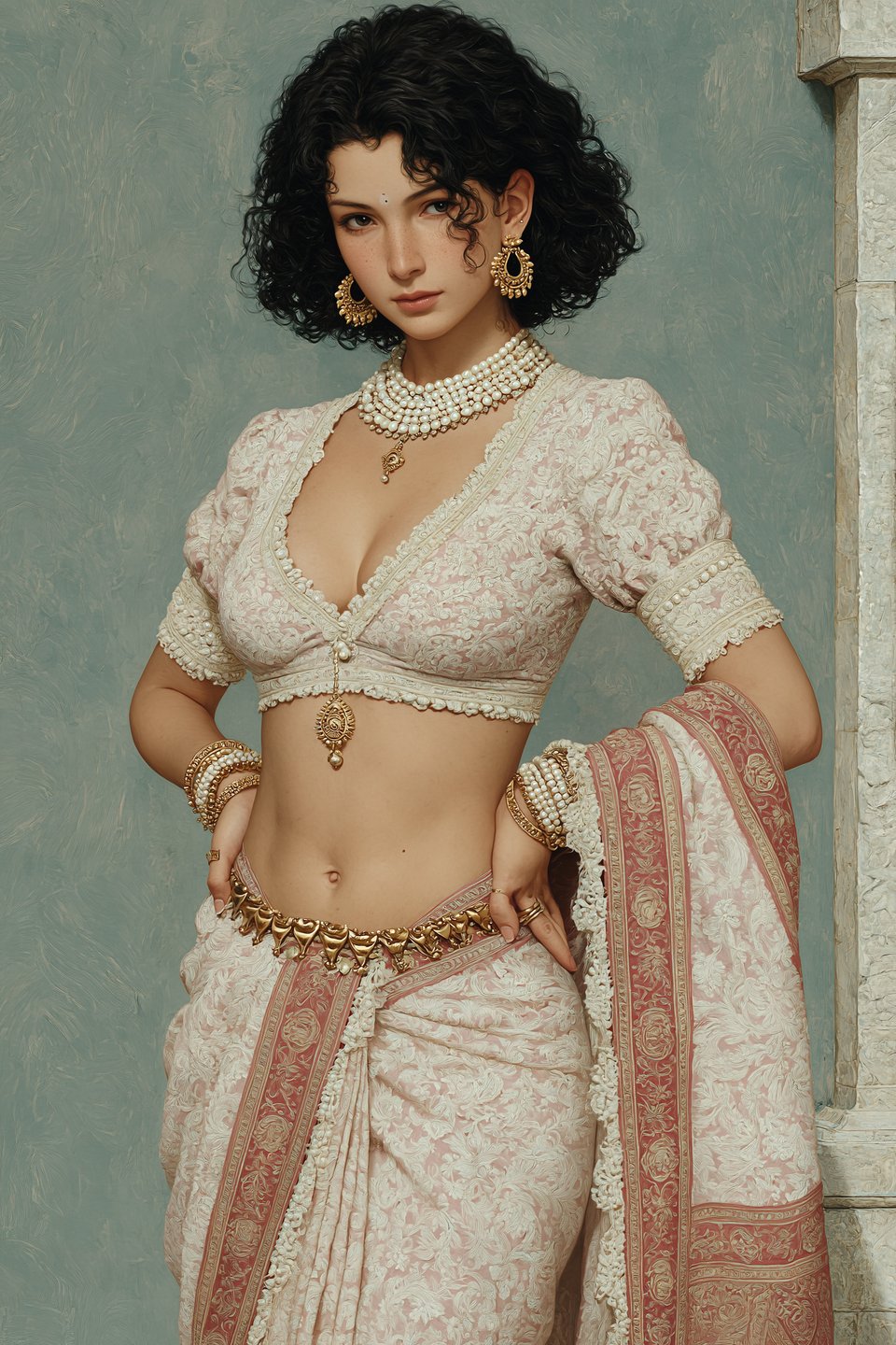A young woman with curly hair poses in an embroidered pink sari and ornate pearl jewelry.
