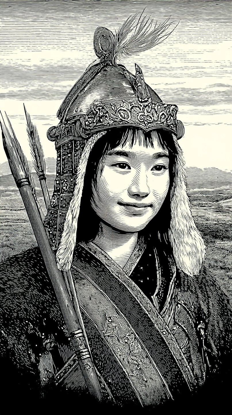 Black and white woodcut portrait of a young female warrior wearing a feathered helmet and carrying arrows.