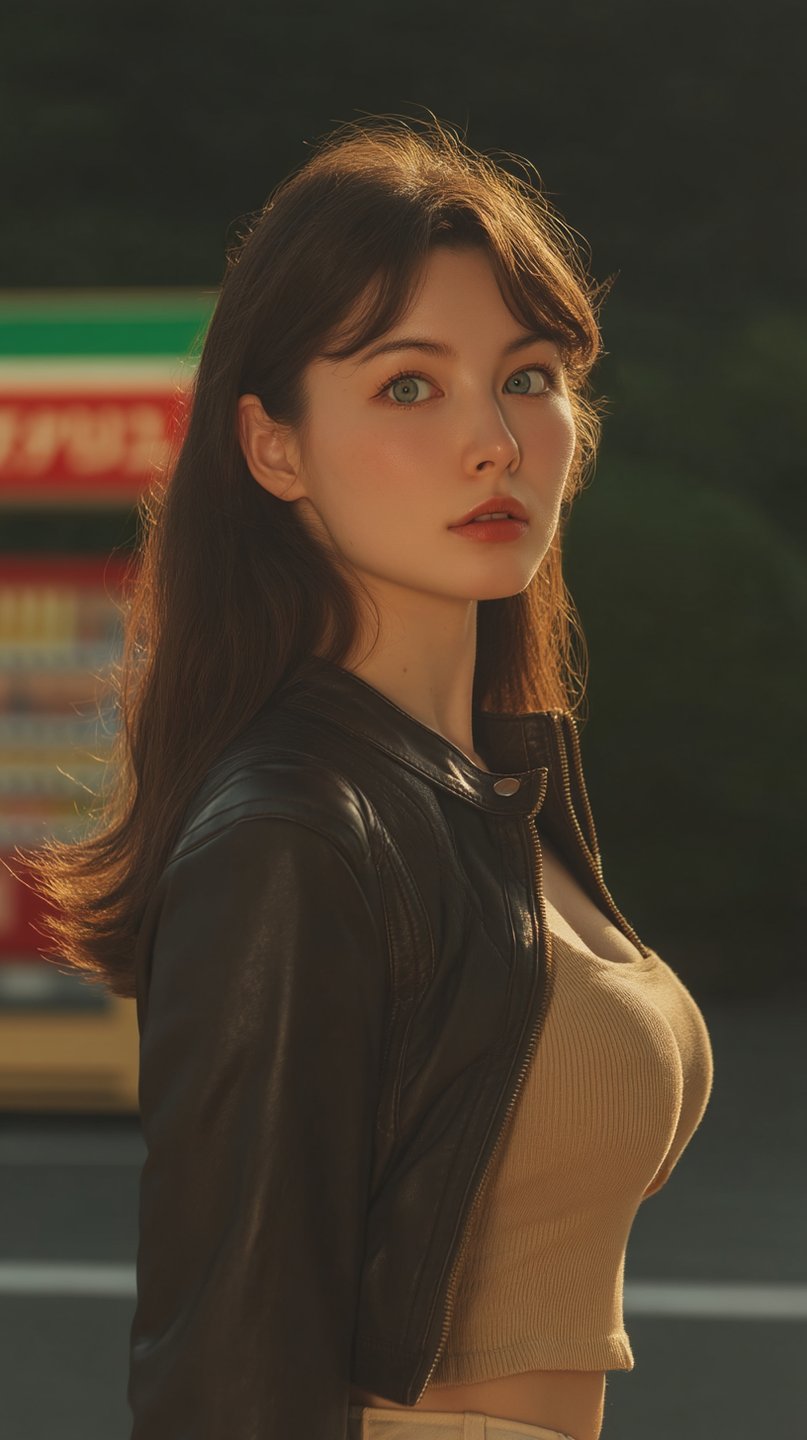 Young woman with amber eyes wearing a leather jacket during golden hour in an urban setting.