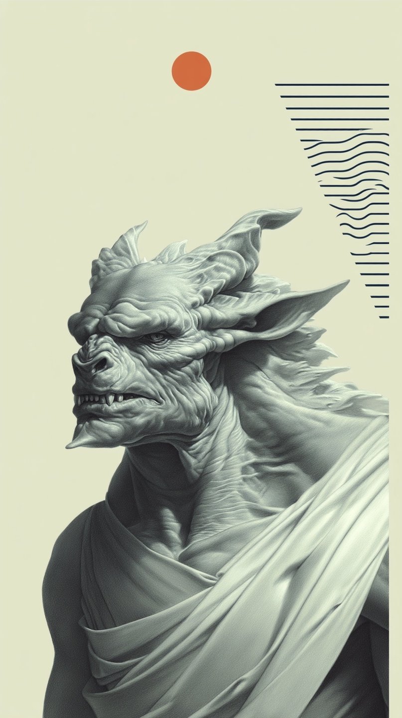 Muscular horned creature in white draped clothing stands before a red sun and minimalist graphic lines.