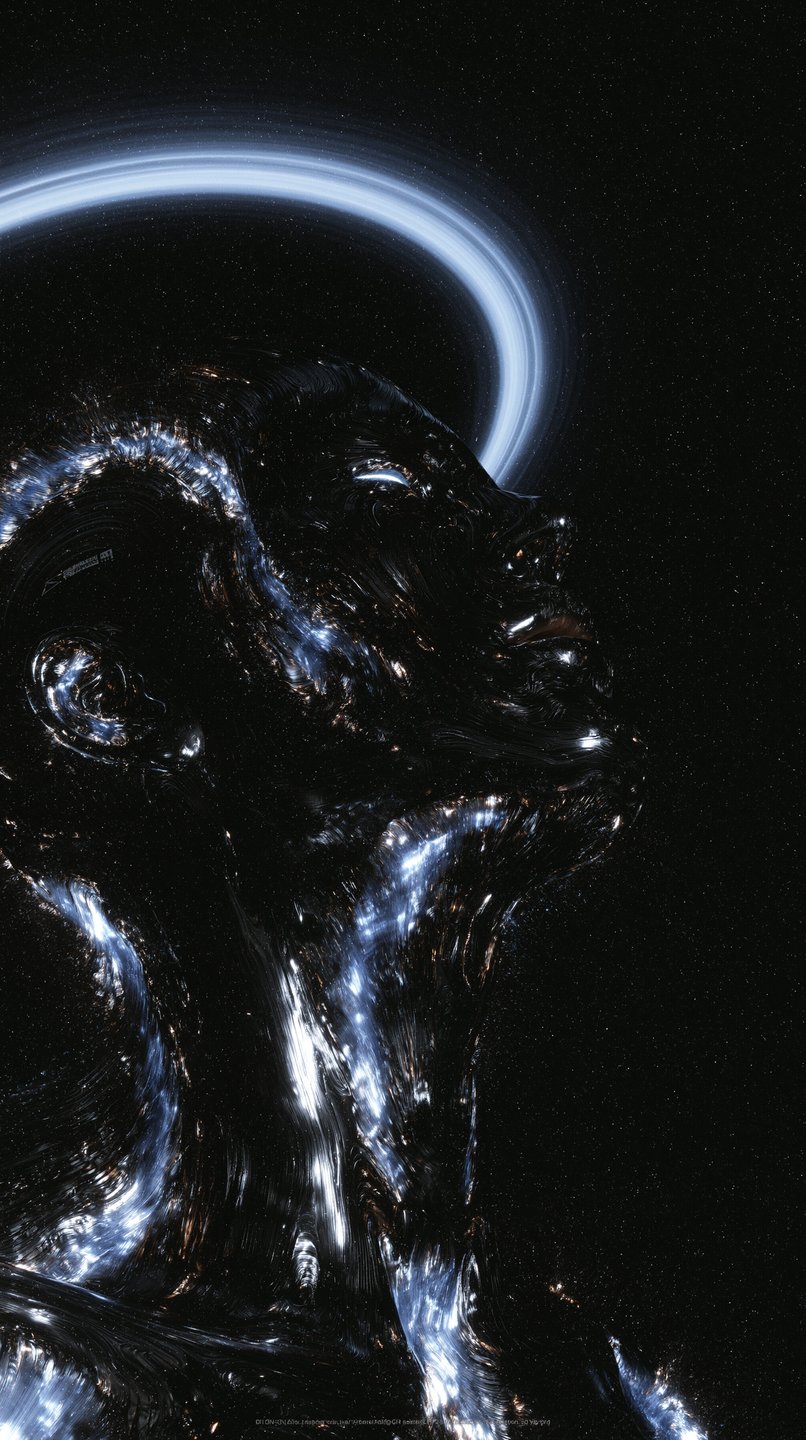 Dark metallic humanoid profile looking upward at a glowing blue ring against a starry deep space background.