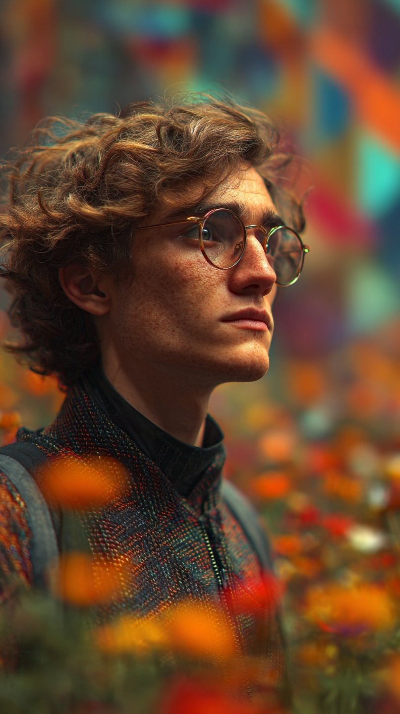 Young man with curly hair and round glasses gazes thoughtfully amidst a field of orange flowers.