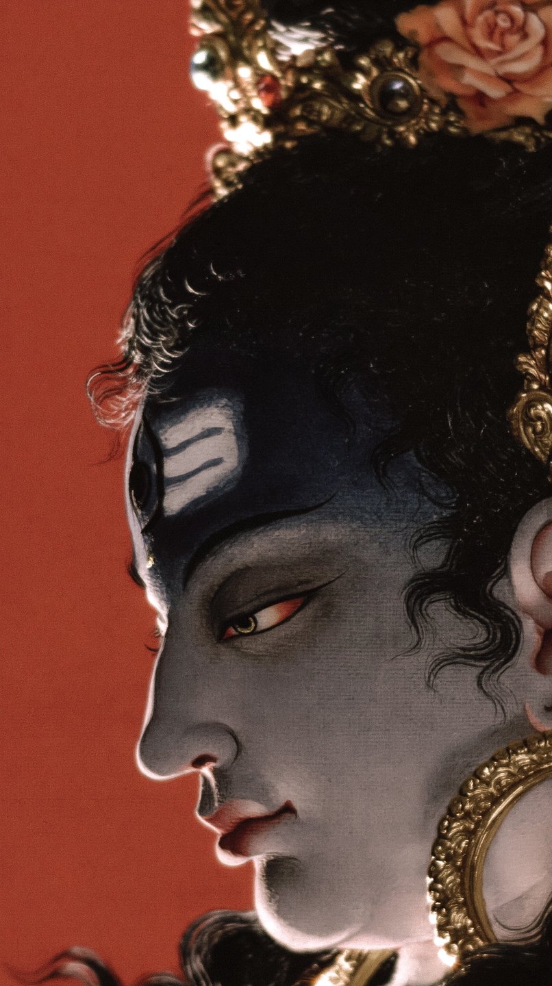 Blue-skinned Hindu deity Shiva in profile wearing an ornate golden crown against a solid red background.