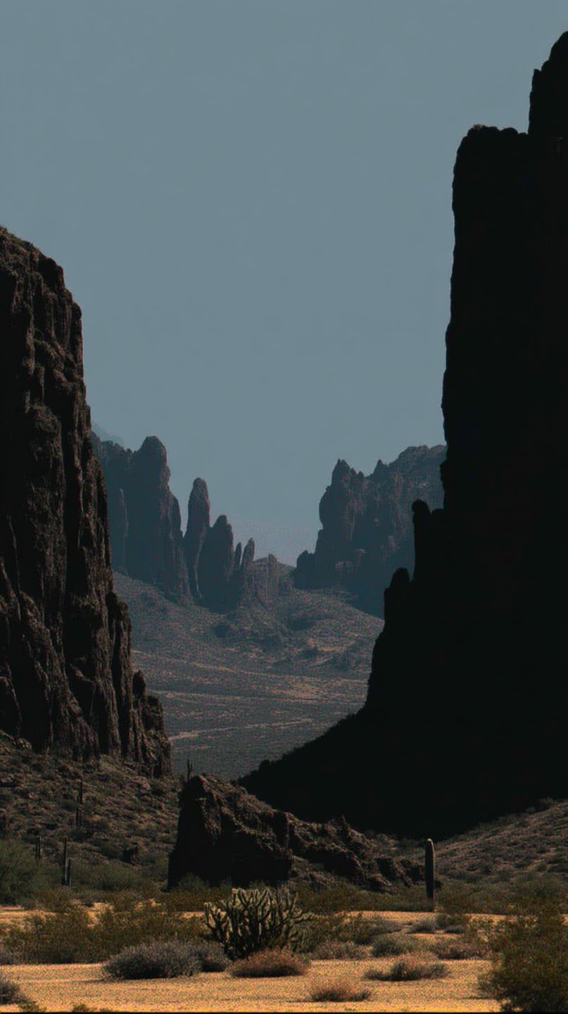 Dark jagged rock cliffs frame a distant desert valley with sparse vegetation under a flat gray sky.