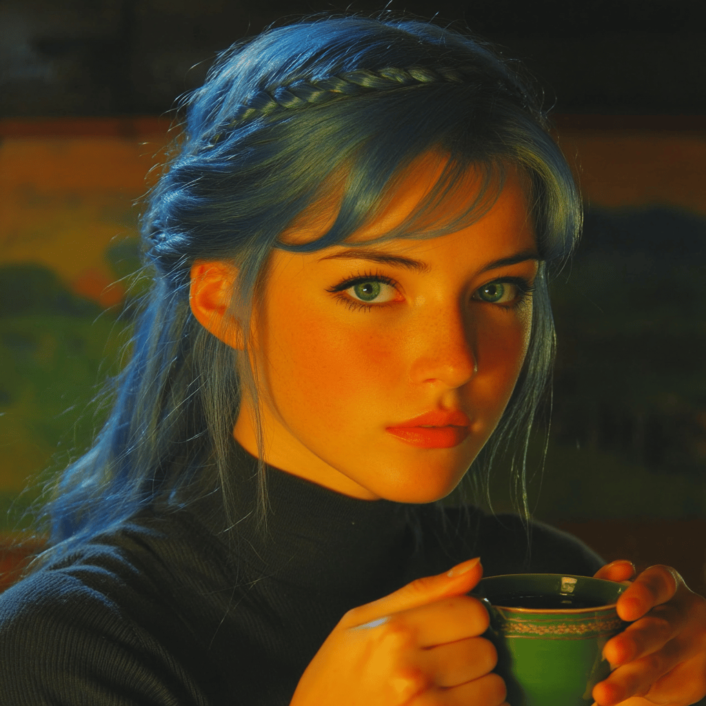 Young woman with braided blue hair and freckles holding a green teacup in warm, cinematic lighting.