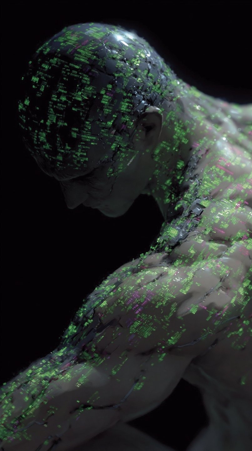 Muscular humanoid figure with glowing green and pink digital code etched into skin against black background.