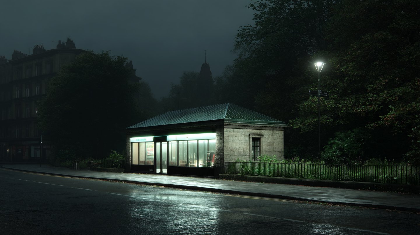 Glowing stone pavilion on a wet city street at night surrounded by dark trees and historic buildings.
